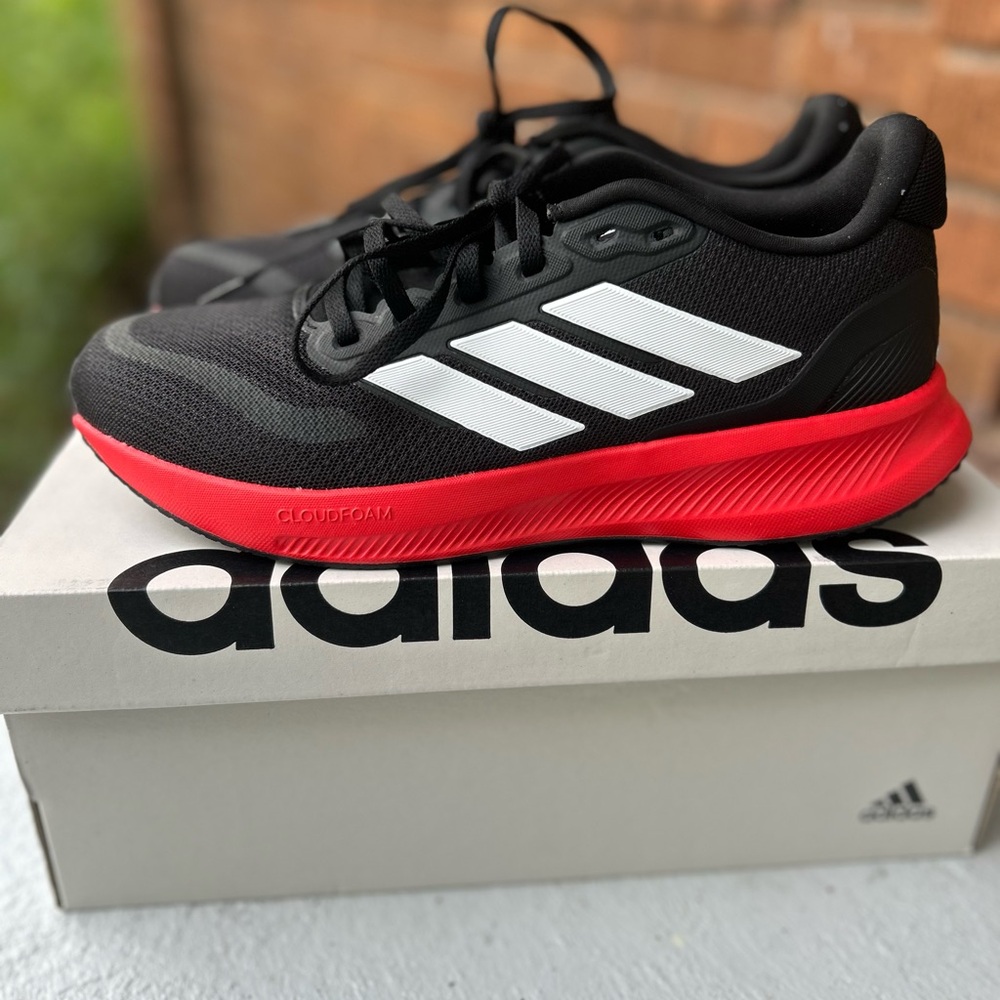 Adidas Black and White Sneakers with Red Sole